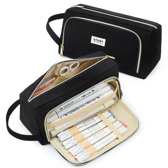 KALIDI Federmäppchen Mäppchen Federtaschen 2 Fächer, extra groß Pencil Case Stifte Etui Schule, Aesthetic Federmäppchen Mäppchen für Mädchen und Jungen, Cord Schwarz