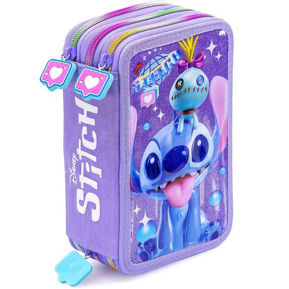 Clondo 3-Fach Federmäppchen Mädchen Gefüllt für Stitch Fan – Schulmäppchen Set 46 Teile mit Radierbaren Stiften, Filzstiften, Buntstiften – ideal für Schule & als Geschenk