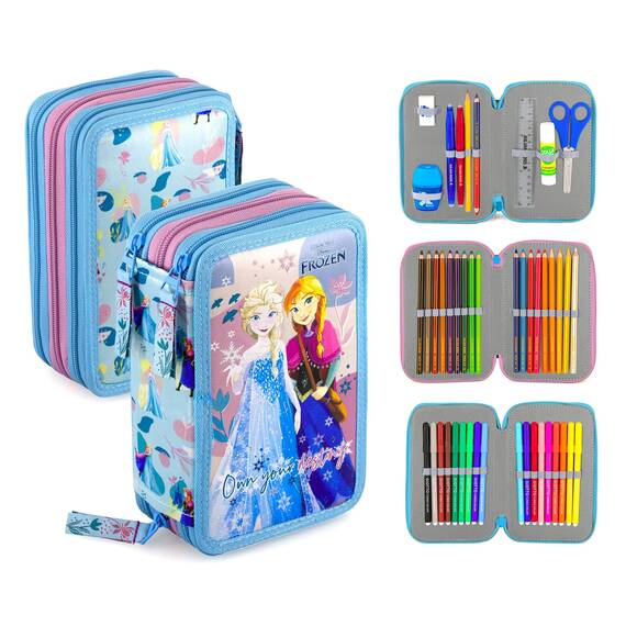Clondo Mädchen 3-Fach Federmäppchen für Die Eiskönigin Frozen Fan – 45-teilig, komplett gefüllt – mit 2 löschbaren Gelstiften, Schere, Kleber, Buntstiften – Blau – ideal für Schule & als Geschenk