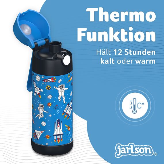 Jarlson® Trinkflasche Kinder Edelstahl MALI [THERMOSFLASCHE] - Kindertrinkflasche Auslaufsicher - Thermoskanne Kohlensäure geeignet - Thermo Trink Flasche für Schule & Kindergarten (350ml, Weltall)
