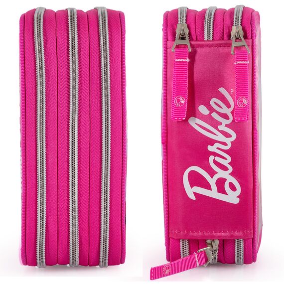 Clondo 3-Fach Federmäppchen für Barbie Fan – 45-teilig, komplett gefüllt – mit Schere, Kleber, Buntstiften, Filzstifte – Rosa – ideal für Schule & als Geschenk Mädchen