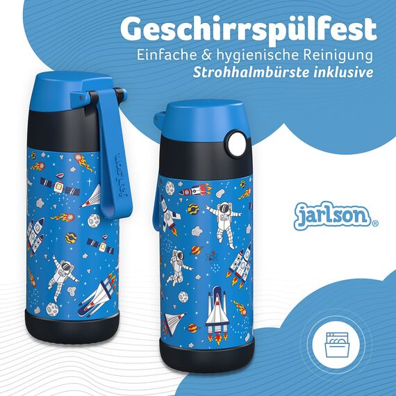 Jarlson® Trinkflasche Kinder Edelstahl MALI [THERMOSFLASCHE] - Kindertrinkflasche Auslaufsicher - Thermoskanne Kohlensäure geeignet - Thermo Trink Flasche für Schule & Kindergarten (350ml, Weltall)
