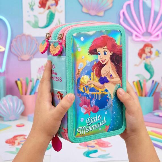 Clondo 3-Fach Federmäppchen für Arielle die Meerjungfrau Fan – 45-teilig, komplett gefüllt – mit 2 löschbaren Gelstiften, Schere, Kleber, Buntstiften – ideal für Schule & als Geschenk