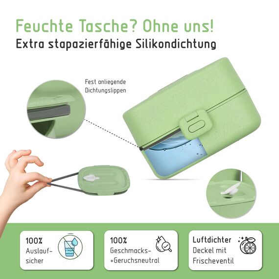 BJORKI® Bento Box für Kinder inkl. GRATIS Namensticker - Auslaufsichere Lunchbox mit Fächern - Nachhaltige Brotdose Kinder für Kindergarten & Schule - Die Jausenbox für unterwegs. (Pastell Grün)