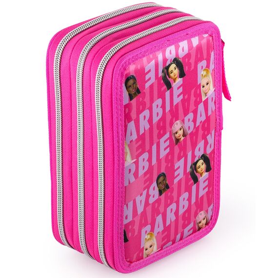 Clondo 3-Fach Federmäppchen für Barbie Fan – 45-teilig, komplett gefüllt – mit Schere, Kleber, Buntstiften, Filzstifte – Rosa – ideal für Schule & als Geschenk Mädchen