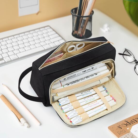 KALIDI Federmäppchen Mäppchen Federtaschen 2 Fächer, extra groß Pencil Case Stifte Etui Schule, Aesthetic Federmäppchen Mäppchen für Mädchen und Jungen, Cord Schwarz
