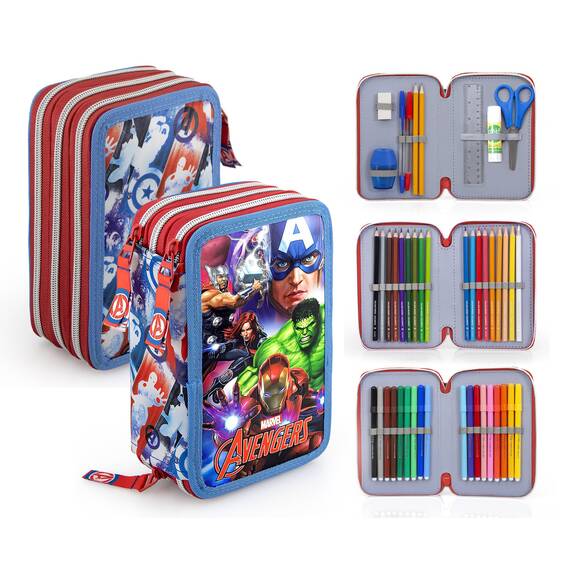 Clondo Jungen 3-Fach Federmäppchen für Avengers Fan – 45-teilig, komplett gefüllt – mit Schere, Kleber, Buntstiften 3.0 – Blau – ideal für Schule & als Geschenk – Iron Man, Captain America, Hulk