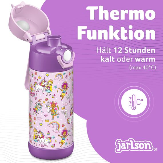 JARLSON® Trinkflasche Kinder Edelstahl MALI [THERMOSFLASCHE] - Kindertrinkflasche Auslaufsicher - Thermoskanne Kohlensäure geeignet - Thermo Trink Flasche für Schule & Kindergarten (350ml, Prinzessin)
