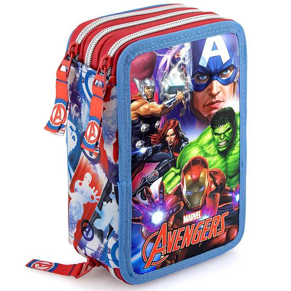 Clondo Jungen 3-Fach Federmäppchen für Avengers Fan – 45-teilig, komplett gefüllt – mit Schere, Kleber, Buntstiften 3.0 – Blau – ideal für Schule & als Geschenk – Iron Man, Captain America, Hulk