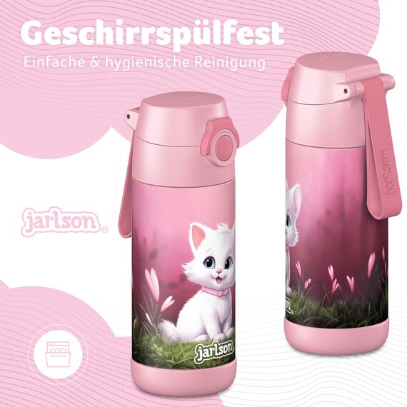 Jarlson® Trinkflasche Kinder Edelstahl MALI [THERMOSFLASCHE] - Kindertrinkflasche Auslaufsicher - Thermoskanne Kohlensäure geeignet - Thermo Trink Flasche für Schule & Kindergarten (350ml, Katze 2.0)