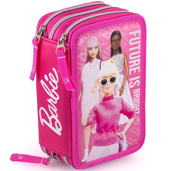 Clondo 3-Fach Federmäppchen für Barbie Fan – 45-teilig, komplett gefüllt – mit Schere, Kleber, Buntstiften, Filzstifte – Rosa – ideal für Schule & als Geschenk Mädchen