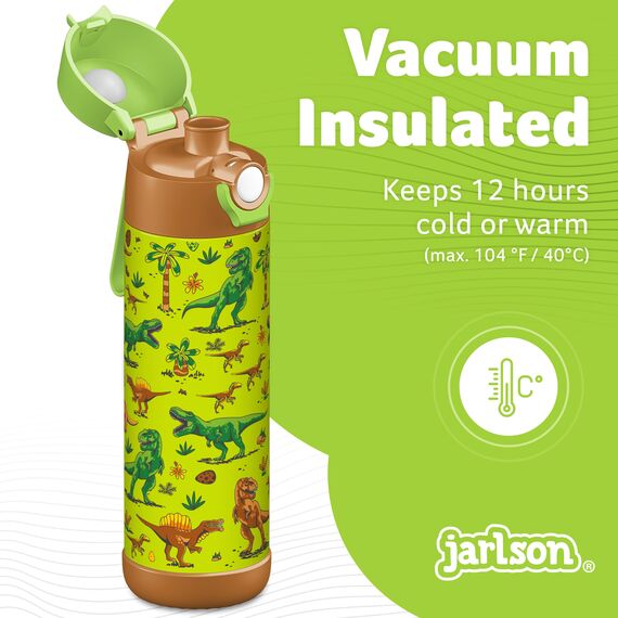 Jarlson® Trinkflasche Kinder Edelstahl MALI [THERMOSFLASCHE] - Kindertrinkflasche Auslaufsicher - Thermoskanne Kohlensäure geeignet - Trink Flasche für Schule & Kindergarten (500ml, Dinosaurier)