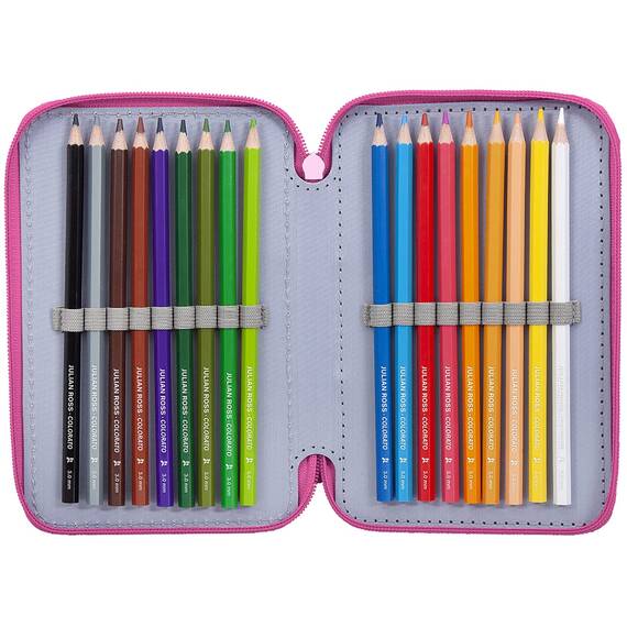 Clondo Mädchen 3-Fach Federmäppchen für Disney Prinzessinnen Fans – 44-teilig, komplett gefüllt – mit Schere, Lineal, Buntstiften – Rosa & Lila – Ideal für Schule & als Geschenk