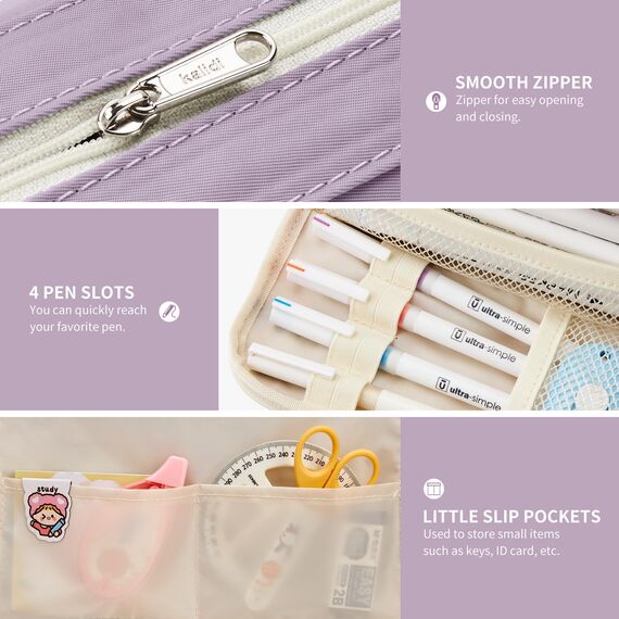 KALIDI Federmäppchen Mäppchen Federtaschen 2 Fächer, extra groß Pencil Case Stifte Etui Schule, Aesthetic Federmäppchen Mäppchen für Mädchen und Jungen, Nylon Lila