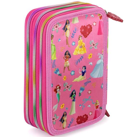 Clondo Mädchen Federmäppchen 3-Fach gefüllt, Für Disney Prinzessinnen Fan, 45-TLG., Rosa, Radierbare Gelstifte, Filzstifte, Buntstifte, Schere, Kleber, Mit Reißverschlussfächern