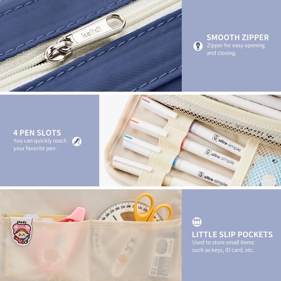 KALIDI Federmäppchen Mäppchen Federtaschen 2 Fächer, extra groß Pencil Case Stifte Etui Schule, Aesthetic Federmäppchen Mäppchen für Mädchen und Jungen, Nylon Navy