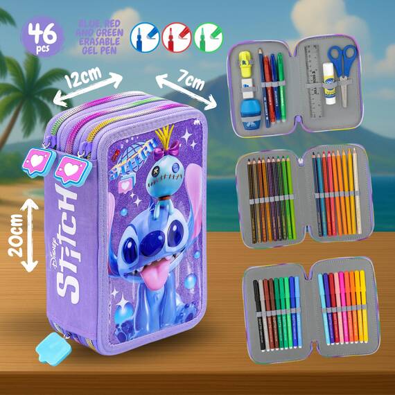 Clondo 3-Fach Federmäppchen Mädchen Gefüllt für Stitch Fan – Schulmäppchen Set 46 Teile mit Radierbaren Stiften, Filzstiften, Buntstiften – ideal für Schule & als Geschenk