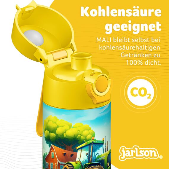 Jarlson® Trinkflasche Kinder Edelstahl MALI [THERMOSFLASCHE] - Kindertrinkflasche Auslaufsicher - Thermoskanne Kohlensäure geeignet - Thermo Trink Flasche für Schule & Kindergarten (350ml, Traktor)