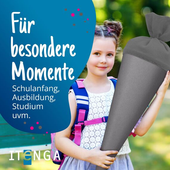 itenga Bastelschultüte Schultütenrohling Zuckertüte Schultüte 70cm rund mit und ohne Filzverschluss (Grau mit Filzverschluss)