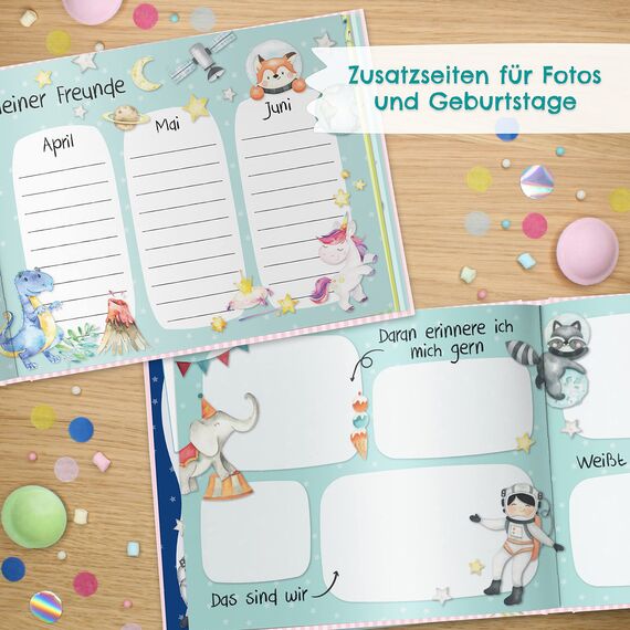 Papierdrachen Hochwertiges Freundebuch für Kinder - Kindergartenfreunde - Rosa - Poesiealbum mit Meerjungfrau, Prinzessin & Dinos - für 27 Freunde - buntes kindgerechtes Design