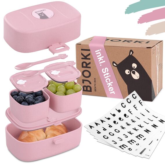BJORKI® Bento Box für Kinder inkl. BONUS Namensticker - Auslaufsichere Lunchbox mit Fächern - Nachhaltige Brotdose Kinder für Kindergarten & Schule - Die Jausenbox für unterwegs