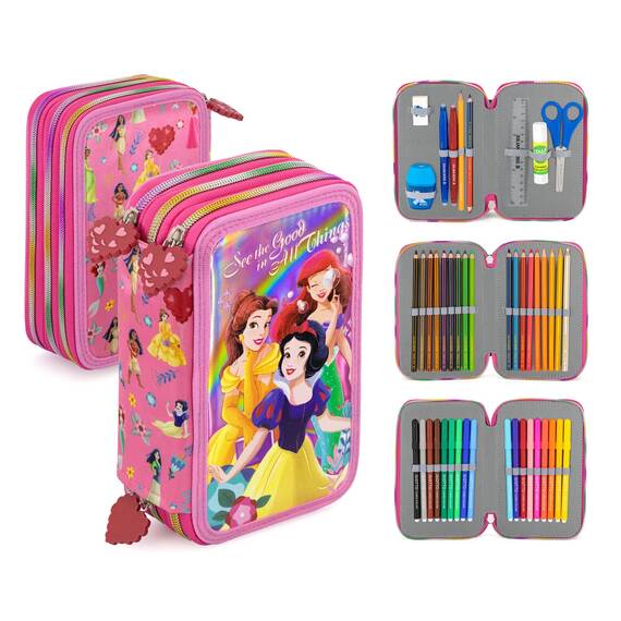 Clondo Mädchen Federmäppchen 3-Fach gefüllt, Für Disney Prinzessinnen Fan, 45-TLG., Rosa, Radierbare Gelstifte, Filzstifte, Buntstifte, Schere, Kleber, Mit Reißverschlussfächern