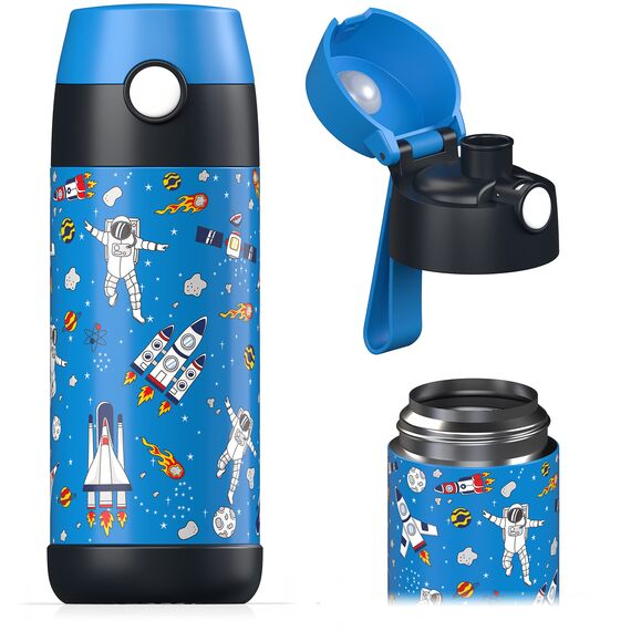 Jarlson® Trinkflasche Kinder Edelstahl MALI [THERMOSFLASCHE] - Kindertrinkflasche Auslaufsicher - Thermoskanne Kohlensäure geeignet - Thermo Trink Flasche für Schule & Kindergarten (350ml, Weltall)
