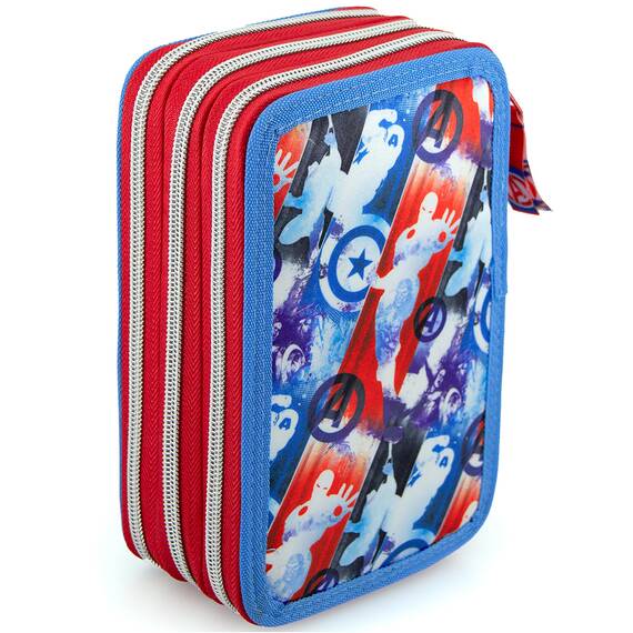Clondo Jungen 3-Fach Federmäppchen für Avengers Fan – 45-teilig, komplett gefüllt – mit Schere, Kleber, Buntstiften 3.0 – Blau – ideal für Schule & als Geschenk – Iron Man, Captain America, Hulk