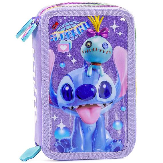 Clondo 3-Fach Federmäppchen Mädchen Gefüllt für Stitch Fan – Schulmäppchen Set 46 Teile mit Radierbaren Stiften, Filzstiften, Buntstiften – ideal für Schule & als Geschenk