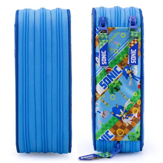 Clondo Federmäppchen Kinder, für Sonic Fan, 45 Schulzubehör, 3 Reißverschlüsse, organisierte Fächer, Buntstifte, Filzstifte, Kleber, Schere, Jungen