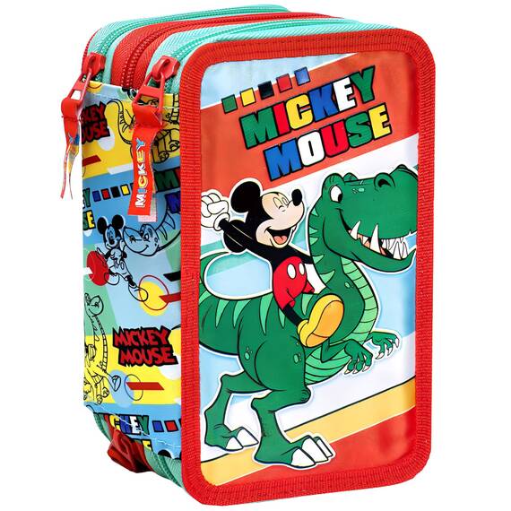 Clondo 3-Fach Federmäppchen für Micky Maus Fan – 44-teilig, komplett gefüllt – mit Schere, Lineal, Buntstiften – Rot – ideal für Schule & als Geschenkt – Dinosaurier-Thema