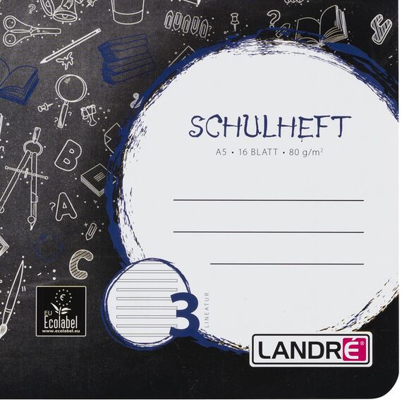 Landre 100050069 Schulheft A5 liniert (16 Blatt a 80g/m² feines, hölzernes Schreibpapier mit Lineatur 3) 10-er Pack, in 3 Designs sortiert