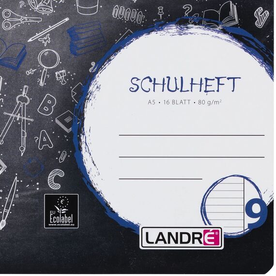LANDRÉ Schulheft A5, 16 Blatt, Lineatur 9, liniert mit Rand, 10 Stück (Packung mit 2)