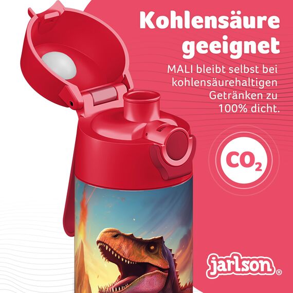 Jarlson® Trinkflasche Kinder Edelstahl MALI [THERMOSFLASCHE] - Kindertrinkflasche Auslaufsicher - Thermoskanne Kohlensäure geeignet - Trink Flasche für Schule & Kindergarten (350ml, Dinosaurier 2.0)