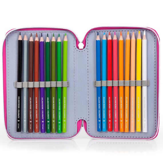 Clondo 3-Fach Federmäppchen für Barbie Fan – 45-teilig, komplett gefüllt – mit Schere, Kleber, Buntstiften, Filzstifte – Rosa – ideal für Schule & als Geschenk Mädchen
