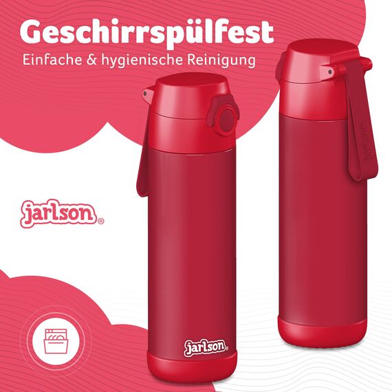Jarlson® Trinkflasche Kinder Edelstahl MALI [THERMOSFLASCHE] - Kindertrinkflasche Auslaufsicher - Thermoskanne Kohlensäure geeignet - Thermo Trink Flasche für Schule & Kindergarten (500ml, Rot)