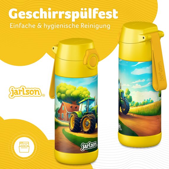Jarlson® Trinkflasche Kinder Edelstahl MALI [THERMOSFLASCHE] - Kindertrinkflasche Auslaufsicher - Thermoskanne Kohlensäure geeignet - Thermo Trink Flasche für Schule & Kindergarten (350ml, Traktor)