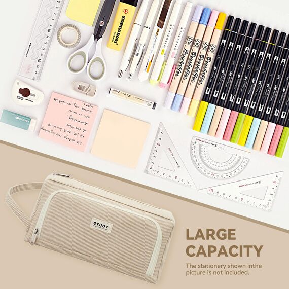 KALIDI Federmäppchen Mäppchen Federtaschen 2 Fächer, extra groß Pencil Case Stifte Etui Schule, Aesthetic Federmäppchen Mäppchen für Mädchen und Jungen, Cord Khaki