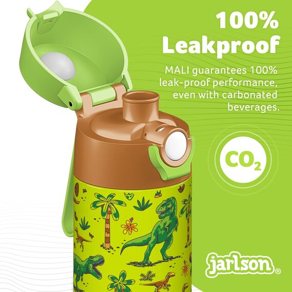 Jarlson® Trinkflasche Kinder Edelstahl MALI [THERMOSFLASCHE] - Kindertrinkflasche Auslaufsicher - Thermoskanne Kohlensäure geeignet - Trink Flasche für Schule & Kindergarten (500ml, Dinosaurier)