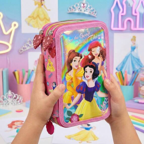 Clondo Mädchen Federmäppchen 3-Fach gefüllt, Für Disney Prinzessinnen Fan, 45-TLG., Rosa, Radierbare Gelstifte, Filzstifte, Buntstifte, Schere, Kleber, Mit Reißverschlussfächern