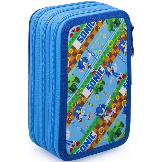 Clondo Federmäppchen Kinder, für Sonic Fan, 45 Schulzubehör, 3 Reißverschlüsse, organisierte Fächer, Buntstifte, Filzstifte, Kleber, Schere, Jungen