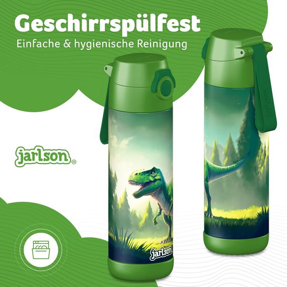 Jarlson® Trinkflasche Kinder Edelstahl MALI [THERMOSFLASCHE] - Kindertrinkflasche Auslaufsicher - Thermoskanne Kohlensäure geeignet - Trink Flasche für Schule & Kindergarten (500ml, Dinosaurier Grün)