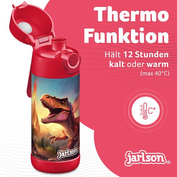 Jarlson® Trinkflasche Kinder Edelstahl MALI [THERMOSFLASCHE] - Kindertrinkflasche Auslaufsicher - Thermoskanne Kohlensäure geeignet - Trink Flasche für Schule & Kindergarten (350ml, Dinosaurier 2.0)