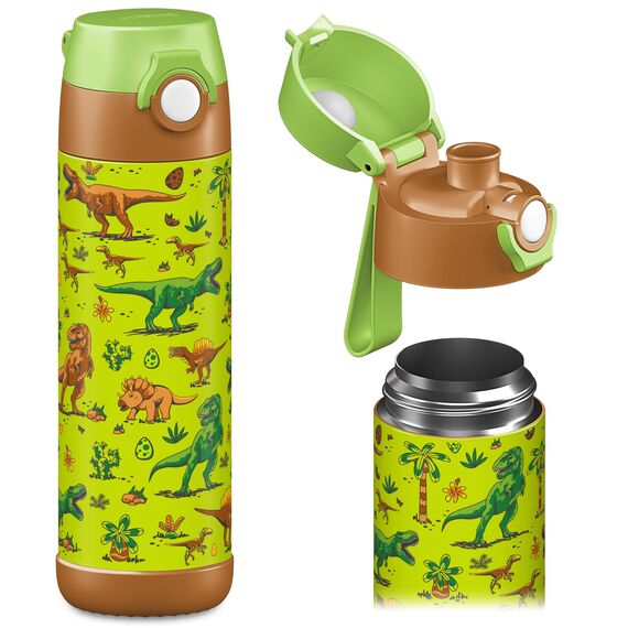 Jarlson® Trinkflasche Kinder Edelstahl MALI [THERMOSFLASCHE] - Kindertrinkflasche Auslaufsicher - Thermoskanne Kohlensäure geeignet - Trink Flasche für Schule & Kindergarten (500ml, Dinosaurier)