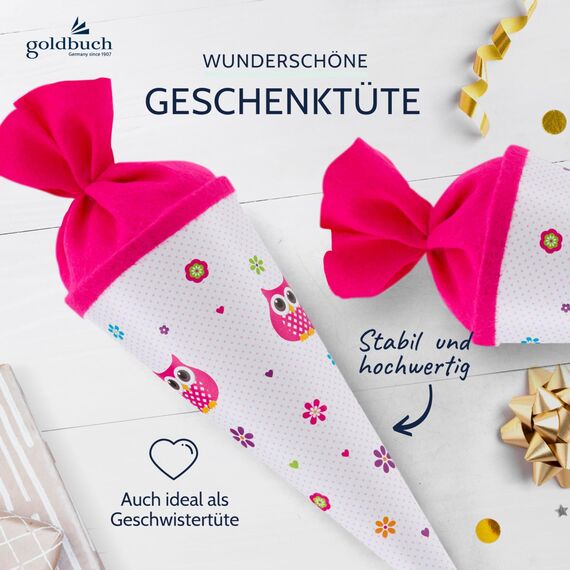 goldbuch 93 043 Geschwistertüte Eule, Schultüte aus Lackarton mit Eulen-Blumenmuster, Geschenkverpackung mit pinkem Filzverschluss (ohne Verschlussband), Zuckertüte rund, Länge 35 cm, Ø 11,5 cm, Weiß