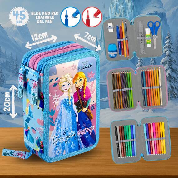 Clondo Mädchen 3-Fach Federmäppchen für Die Eiskönigin Frozen Fan – 45-teilig, komplett gefüllt – mit 2 löschbaren Gelstiften, Schere, Kleber, Buntstiften – Blau – ideal für Schule & als Geschenk