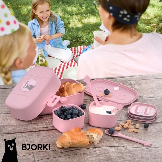 BJORKI® Bento Box für Kinder inkl. BONUS Namensticker - Auslaufsichere Lunchbox mit Fächern - Nachhaltige Brotdose Kinder für Kindergarten & Schule - Die Jausenbox für unterwegs