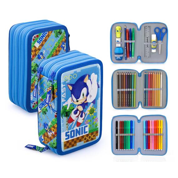 Clondo Federmäppchen Kinder, für Sonic Fan, 45 Schulzubehör, 3 Reißverschlüsse, organisierte Fächer, Buntstifte, Filzstifte, Kleber, Schere, Jungen