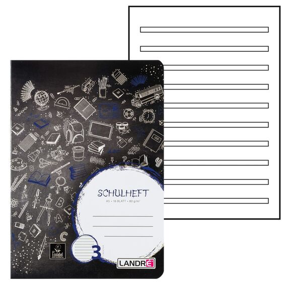 Landre 100050069 Schulheft A5 liniert (16 Blatt a 80g/m² feines, hölzernes Schreibpapier mit Lineatur 3) 10-er Pack, in 3 Designs sortiert