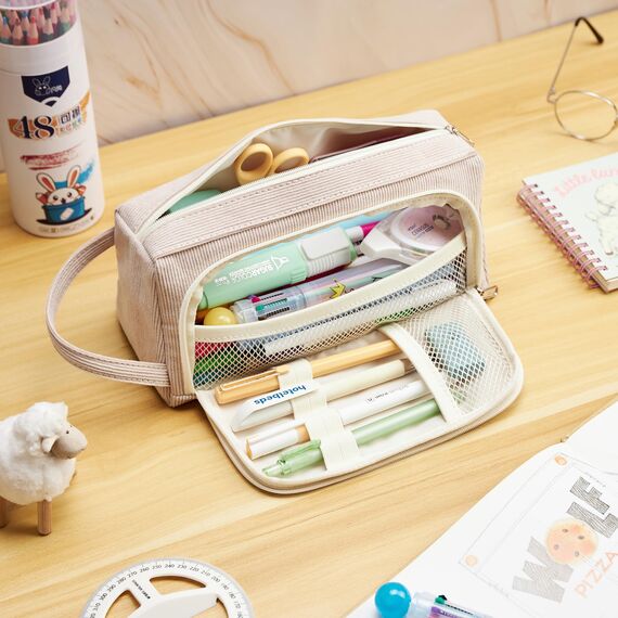 KALIDI Federmäppchen Mäppchen Federtaschen 2 Fächer, extra groß Pencil Case Stifte Etui Schule, Aesthetic Federmäppchen Mäppchen für Mädchen und Jungen, Cord Khaki